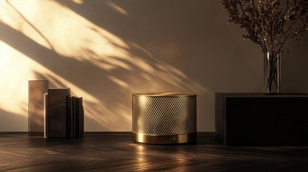 A golden pedestal with refined detailing, showcasing a luxury item with ambient light creating a chic atmosphere in the studio.の素材