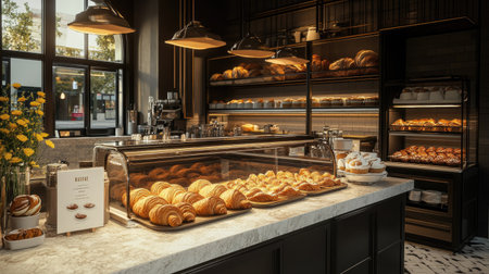 A beautifully lit bakery counter showcasing trays of freshly baked croissants alongside other pastriesの素材