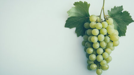 A fresh cluster of green grapes with leaves attached, isolated on a minimalistic white background.の素材