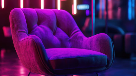 A plush lounge chair in a dark, moody lounge, soft neon lights reflecting off the fabric.の素材