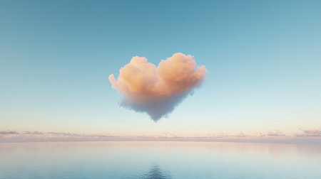 A perfectly symmetrical white heart cloud floating peacefully in the sky.の素材