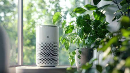 A modern air purifier placed next to indoor plants, complementing a green home setup.の素材