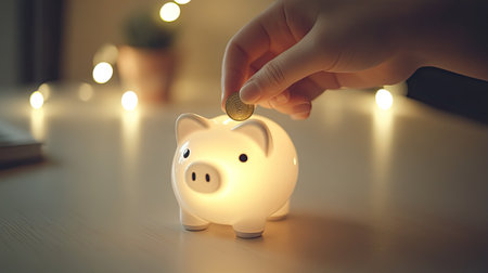 A hand carefully placing a coin into a white ceramic piggy bank, with bright lighting and a soft-focus background.の素材
