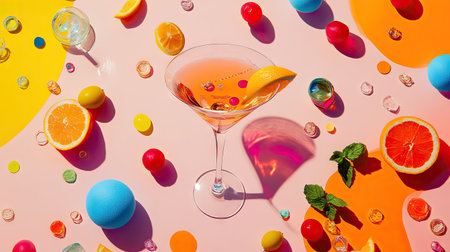 A playful martini composition with scattered cocktail elements on a bright pop-color background.の素材