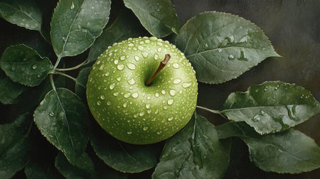 A fresh green apple resting on a bed of green leaves, with glistening water droplets enhancing its texture.の素材