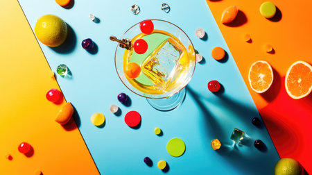 A playful martini composition with scattered cocktail elements on a bright pop-color background.の素材
