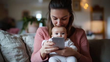 A mother holding her baby in one arm while using her smartphone with the other.の素材