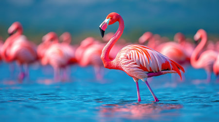 A nature reserve filled with flamingos, their bright pink feathers standing out against the deep blue water.の素材