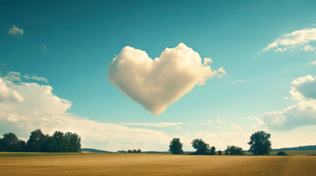 A romantic heart-shaped cloud drifting above a peaceful countryside.の素材