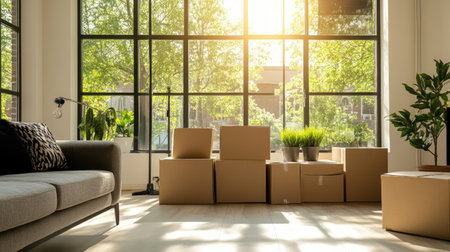 A modern living room with moving boxes stacked near a large window, the perfect setting for a move-in.の素材
