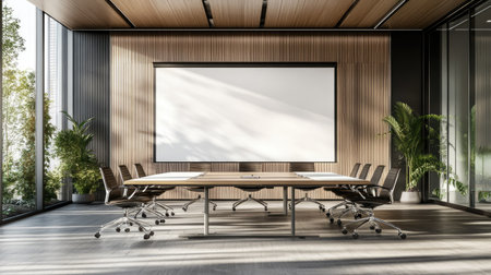 A modern D-rendered meeting room with a large whiteboard, sleek office chairs, and a wooden conference table.の素材