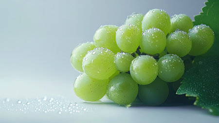 A fresh, plump green grape cluster with natural dew, isolated on a smooth white background for contrast.の素材