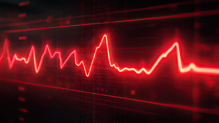 A neon-style red ECG waveform with a bright glowing effect on a digital screen.の素材