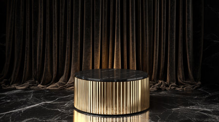 A golden pedestal positioned in front of a velvet backdrop, showcasing a luxury product with sophisticated lighting.の素材