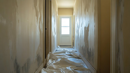 A hallway with a partially completed paint job and drop cloths covering the floor.の素材