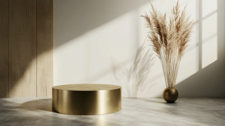 A golden luxury pedestal elevating a beautiful product, set against a softly lit, elegant backdrop with a minimalist design.の素材