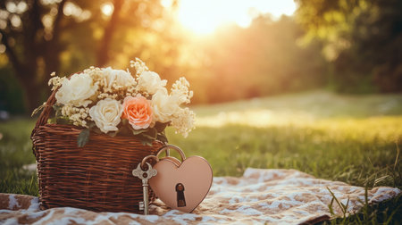 A romantic picnic setting with a heart lock and key placed next to a bouquet.の素材