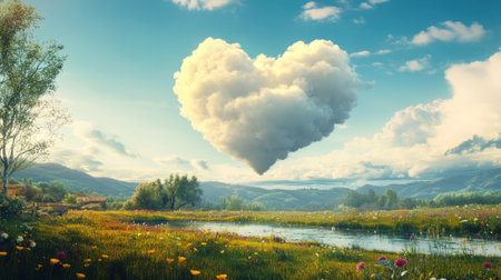 A romantic heart-shaped cloud drifting above a peaceful countryside.の素材