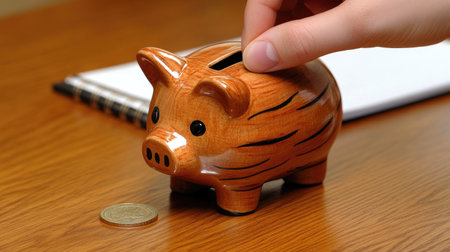 A hand dropping a coin into a traditional piggy bank, with a wooden desk and a notepad in the background.の素材
