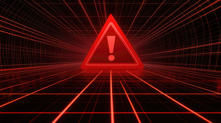 A red triangular warning sign with an exclamation mark over a futuristic network grid.の素材