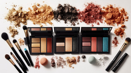 A collection of eyeshadow palettes with different finishes and hues, neatly arranged with brushes and spongesの素材