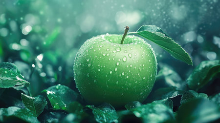 A green apple with sparkling water droplets on its surface, surrounded by fresh green leaves in a garden.の素材