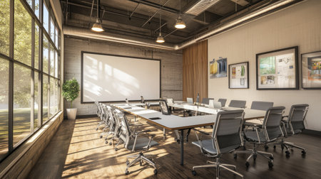 A modern conference room with a large dry-erase whiteboard, industrial-style lighting, and ergonomic seating.の素材