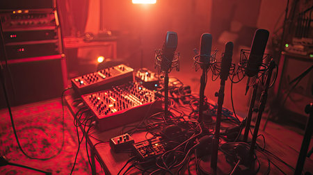 A musician's table with multiple microphones, cables, and recording accessories in a dimly lit setting.の素材