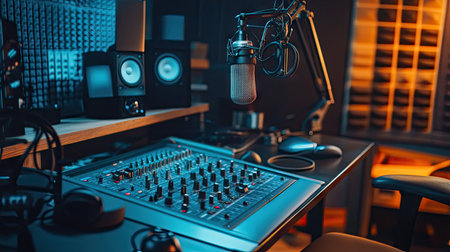 A modern podcast studio with condenser and dynamic microphones set up on a professional desk.の素材