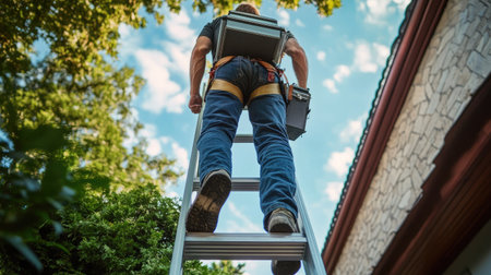 A handyman in safety shoes climbing a ladder with a toolbox strapped to his waist in a home setting.の素材