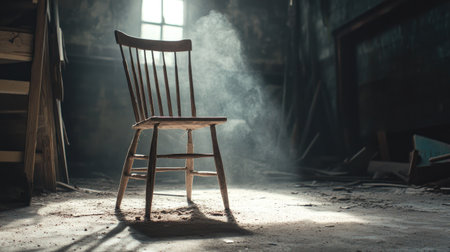 A rustic wooden chair abandoned in a shadowy warehouse, dust particles floating in the air.の素材