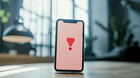 A security warning pop-up on a smartphone screen with a red exclamation mark.の素材