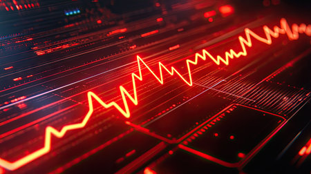 A neon-style red ECG waveform with a bright glowing effect on a digital screen.の素材