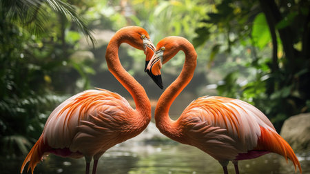 A pair of flamingos forming a heart shape with their necks in a beautiful natural setting.の素材