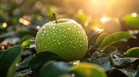 A green apple with water droplets glistening, placed on a layer of dewy leaves under morning sunlight.の素材