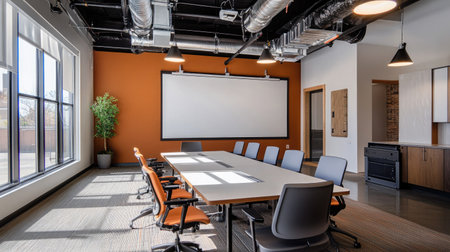 A modern conference room with a large dry-erase whiteboard, industrial-style lighting, and ergonomic seating.の素材