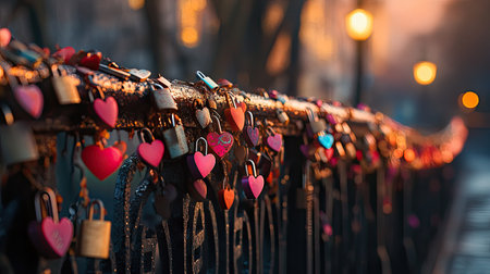 A romantic love lock bridge covered with heart-shaped padlocks in different colors.の素材