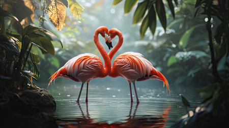 A pair of flamingos forming a heart shape with their necks in a beautiful natural setting.の素材