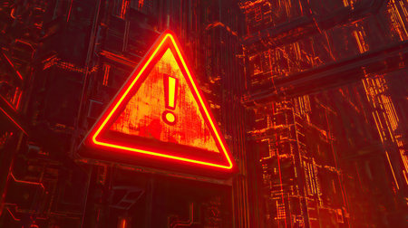 A red triangular warning sign with an exclamation mark over a futuristic network grid.の素材