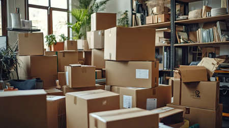 A packed room full of moving boxes with belongings ready to be unpacked into a fresh, new space.の素材