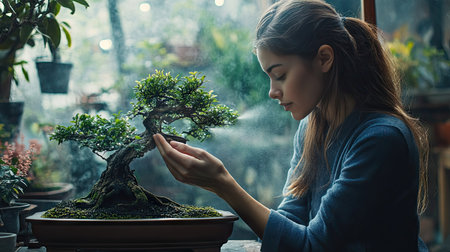 A nature-loving woman carefully hydrating her bonsai tree with a gentle mist.の素材