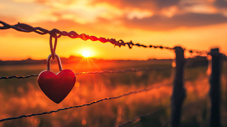 A romantic sunset backdrop with a heart lock hanging on a wire fence.の素材