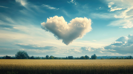 A romantic heart-shaped cloud drifting above a peaceful countryside.の素材