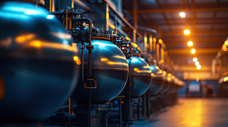 A row of large industrial compressed gas tanks in a factory setting, neatly arranged under bright lights.の素材