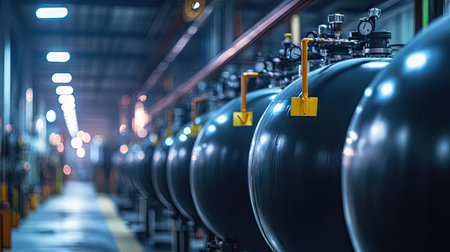A row of large industrial compressed gas tanks in a factory setting, neatly arranged under bright lights.の素材