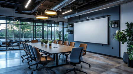 A modern conference room with a large dry-erase whiteboard, industrial-style lighting, and ergonomic seating.の素材