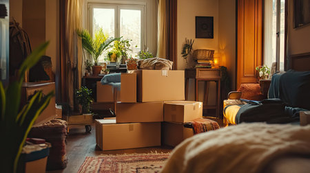 A packed room full of moving boxes with belongings ready to be unpacked into a fresh, new space.の素材