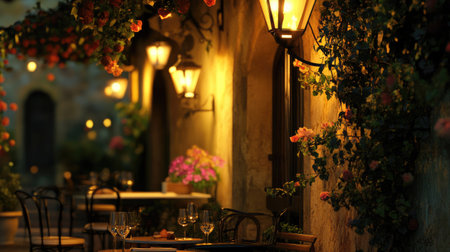 A romantic outdoor caf scene with warm wall lamps lighting up the night.の素材