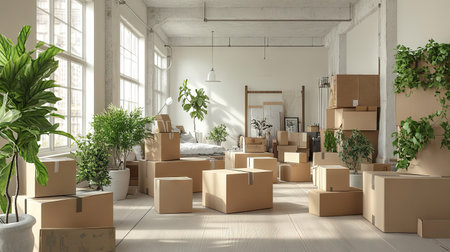 A packed room full of moving boxes with belongings ready to be unpacked into a fresh, new space.の素材