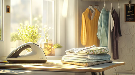 A modern electric iron placed on an ironing board next to a neatly folded pile of freshly pressed clothes in a bright laundry room.の素材